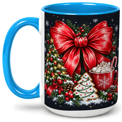 #pl[15oz|Blue] Christmas Red Bow Ceramic Mug, Tree Cocoa Winter Holiday Artwork