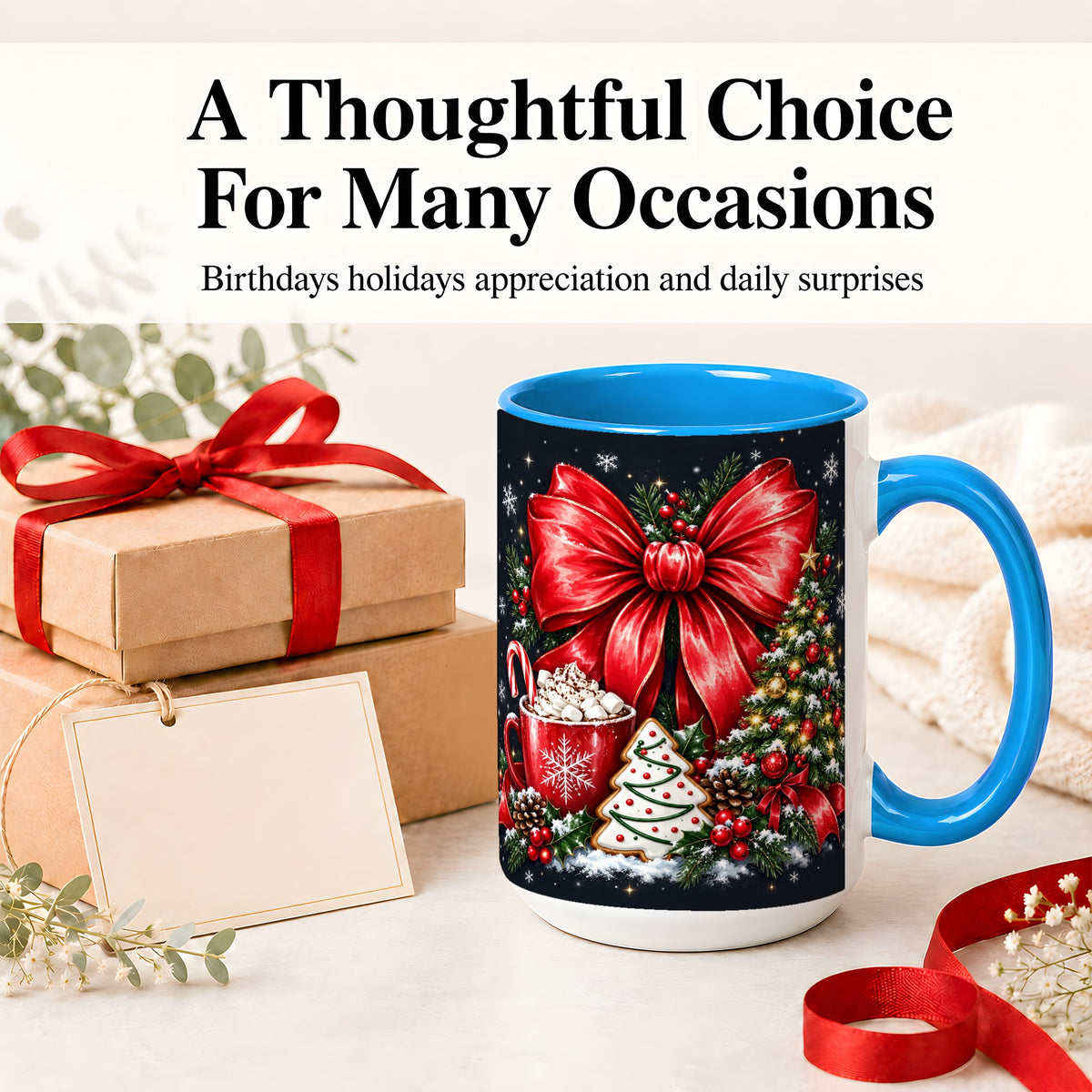 #pl[15oz|Blue] Christmas Red Bow Ceramic Mug, Tree Cocoa Winter Holiday Artwork