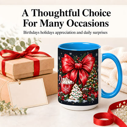 #pl[15oz|Blue] Christmas Red Bow Ceramic Mug, Tree Cocoa Winter Holiday Artwork
