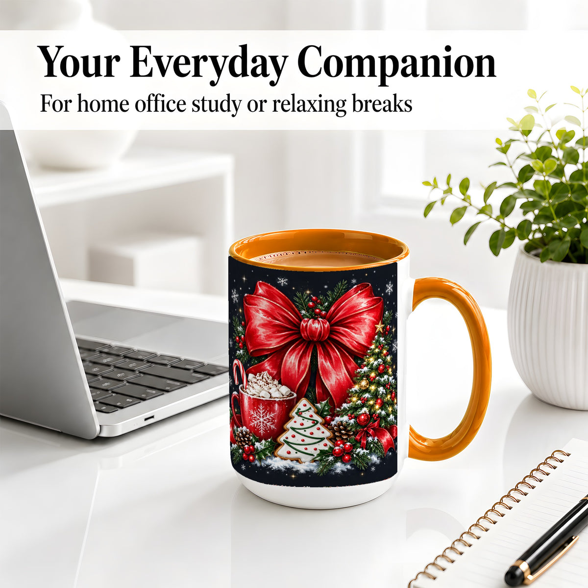 #pl[15oz|Orange] Christmas Red Bow Ceramic Mug, Tree Cocoa Winter Holiday Artwork