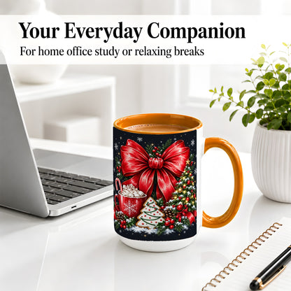 #pl[15oz|Orange] Christmas Red Bow Ceramic Mug, Tree Cocoa Winter Holiday Artwork