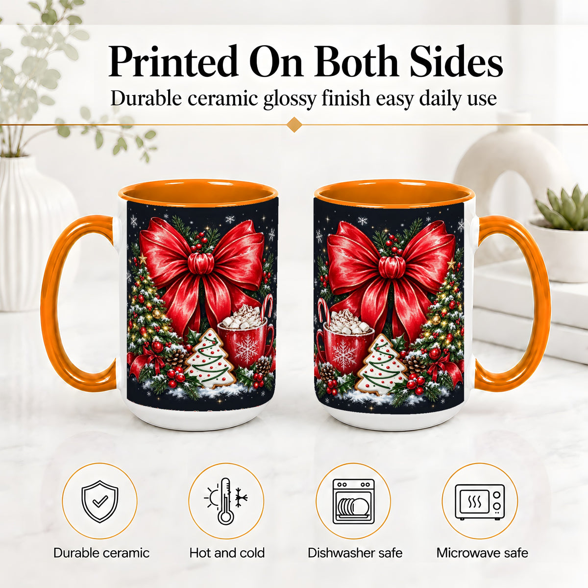 #pl[15oz|Orange] Christmas Red Bow Ceramic Mug, Tree Cocoa Winter Holiday Artwork