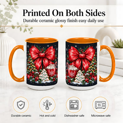 #pl[15oz|Orange] Christmas Red Bow Ceramic Mug, Tree Cocoa Winter Holiday Artwork