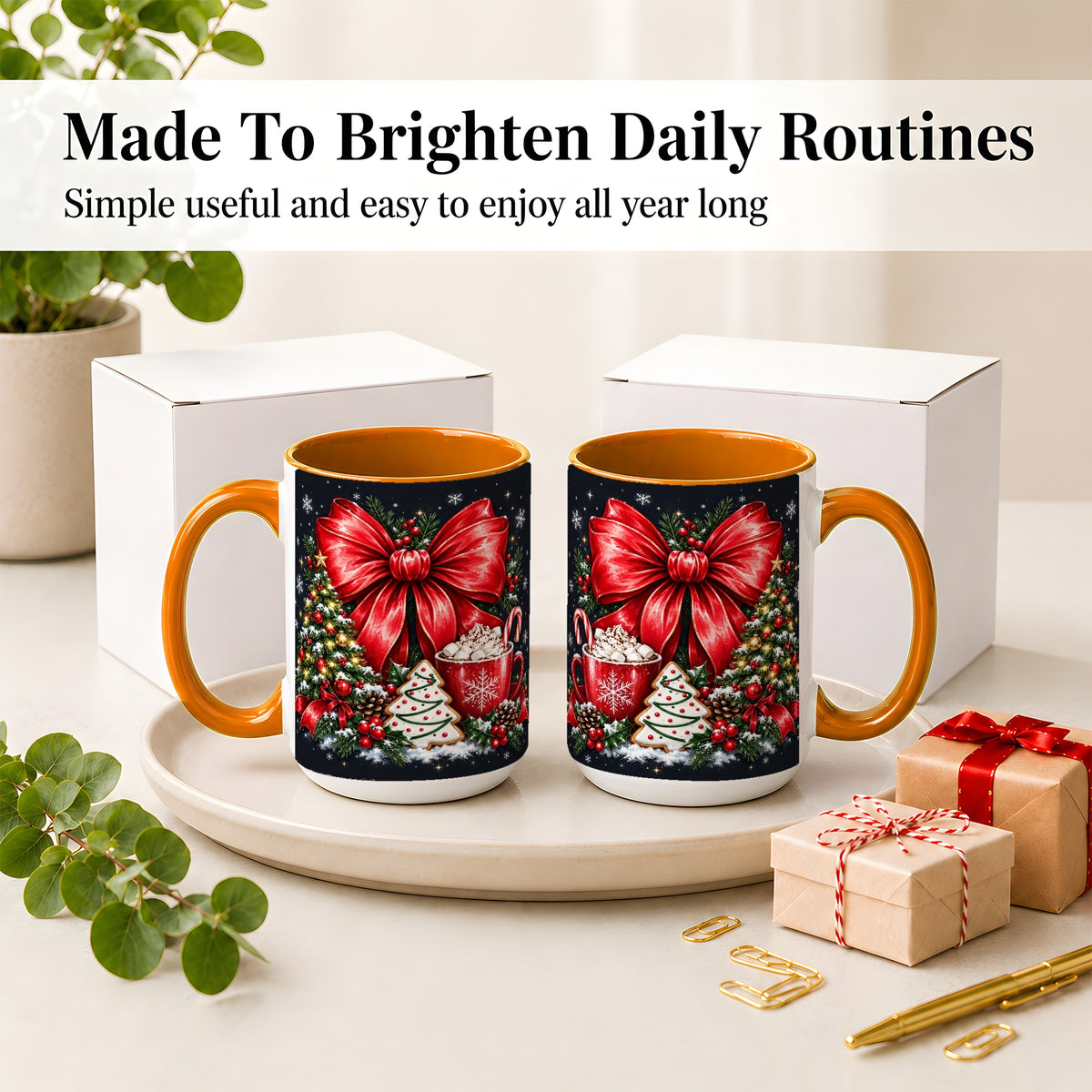 #pl[15oz|Orange] Christmas Red Bow Ceramic Mug, Tree Cocoa Winter Holiday Artwork