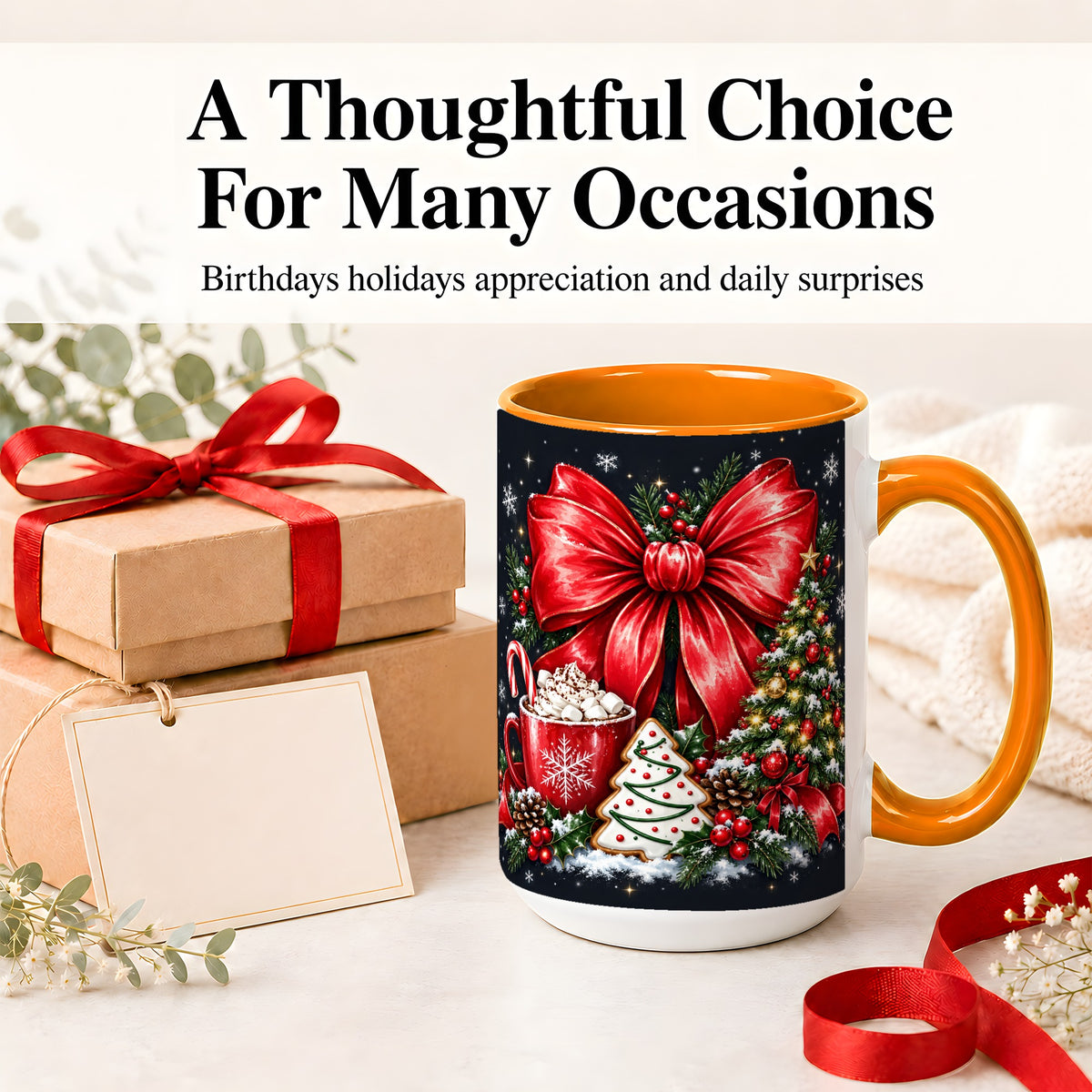 #pl[15oz|Orange] Christmas Red Bow Ceramic Mug, Tree Cocoa Winter Holiday Artwork
