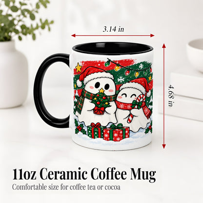 #pl[11oz|Black] Christmas Ghosts Ceramic Mug, Cute Festive Winter Holiday Artwork