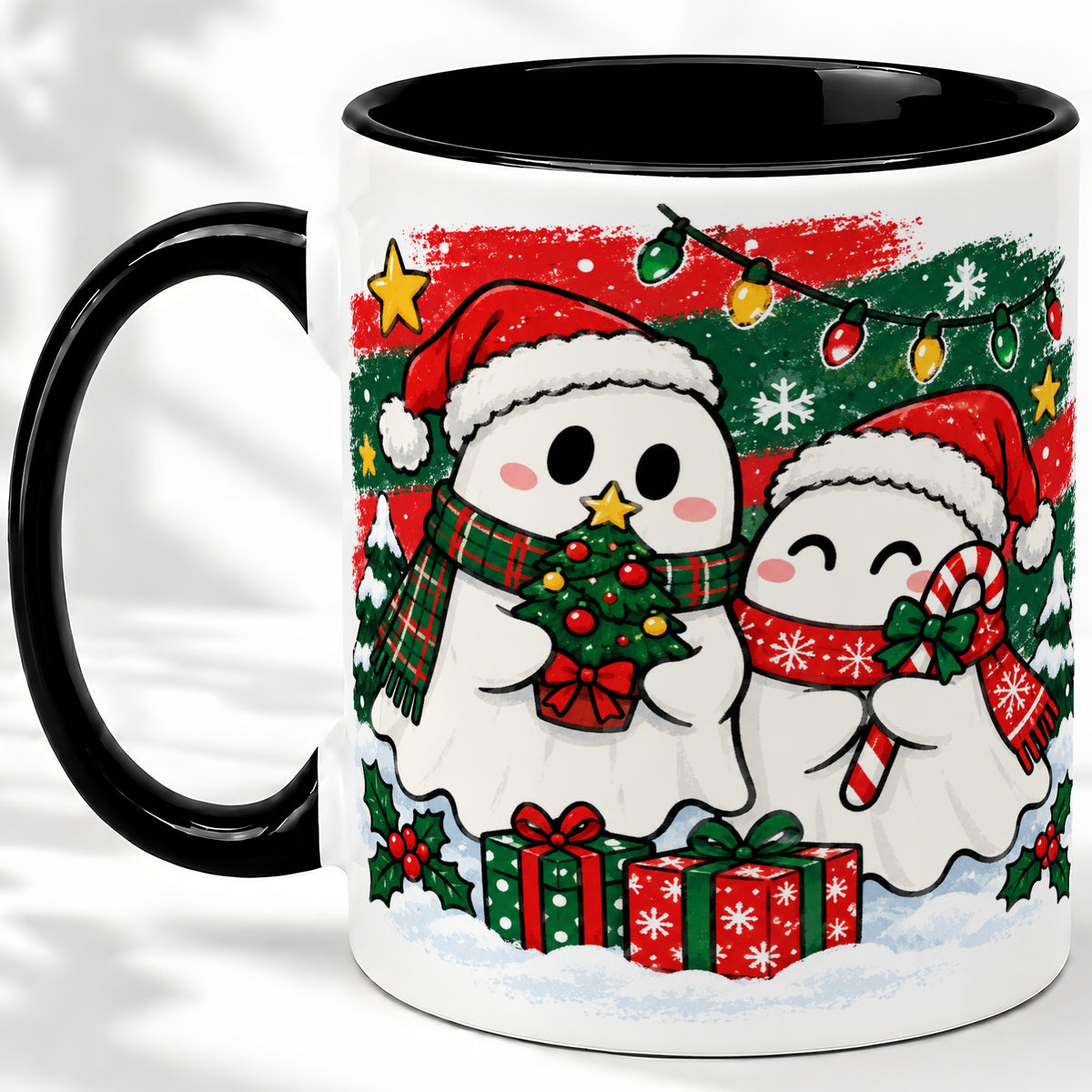 #pl[11oz|Black] Christmas Ghosts Ceramic Mug, Cute Festive Winter Holiday Artwork