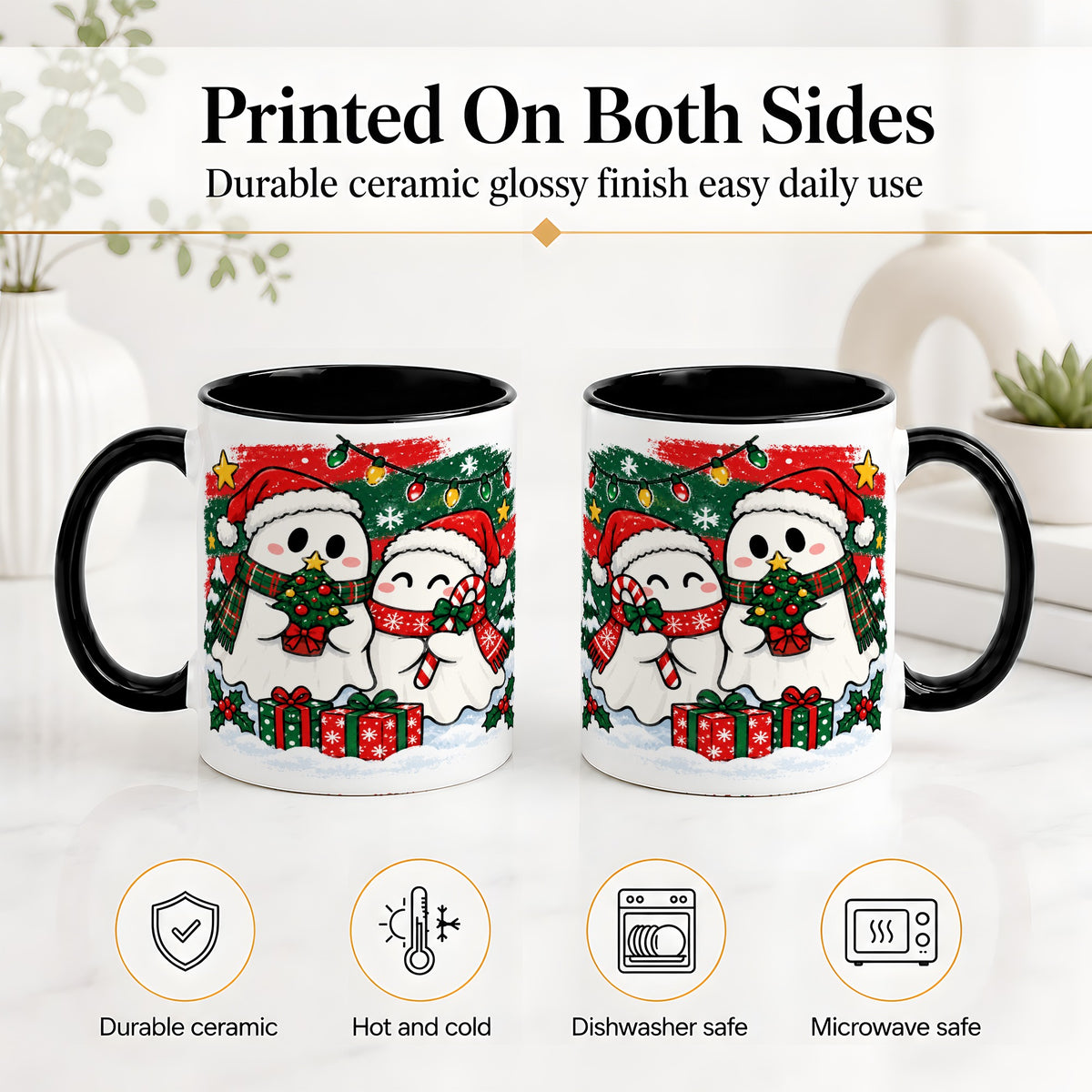 #pl[11oz|Black] Christmas Ghosts Ceramic Mug, Cute Festive Winter Holiday Artwork