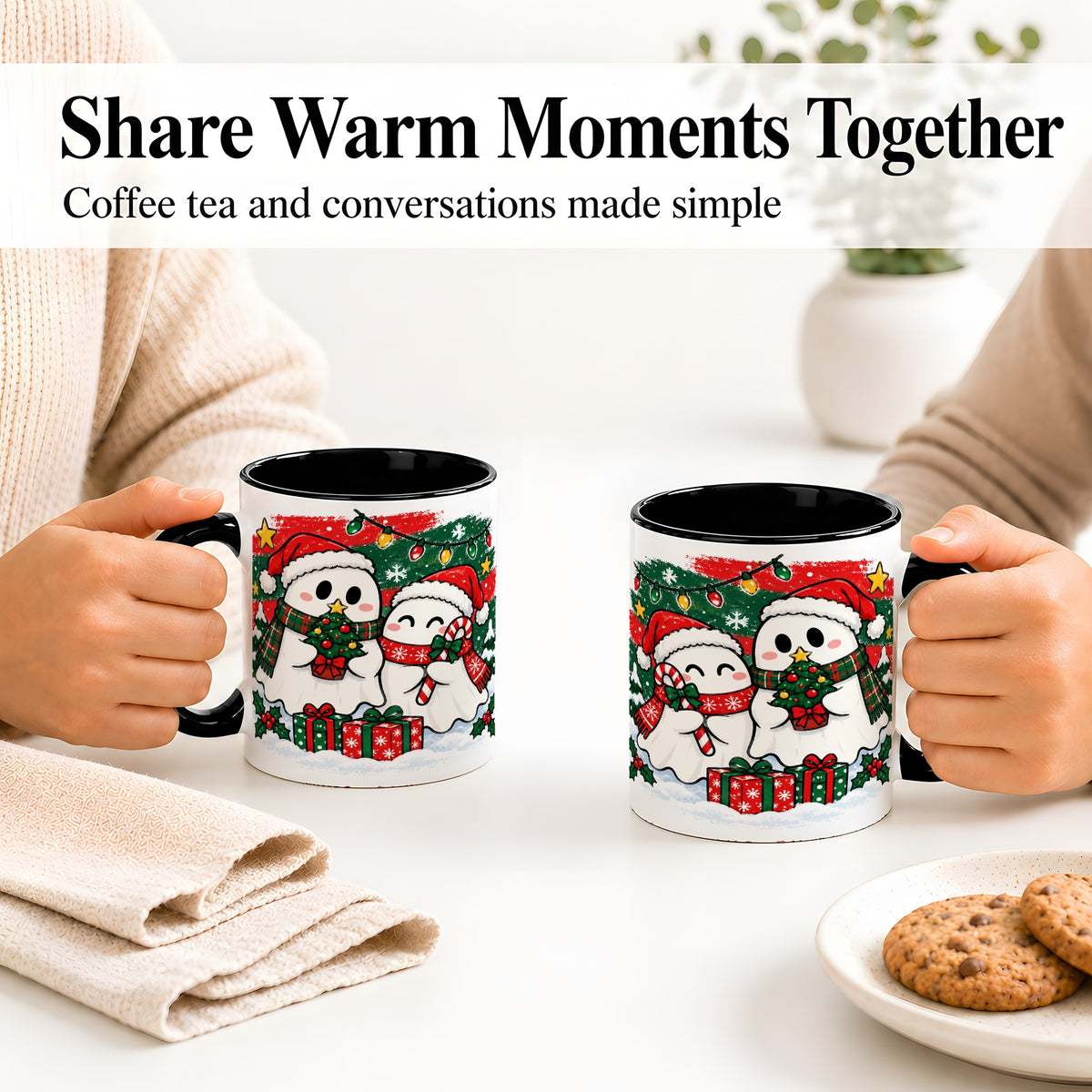 #pl[11oz|Black] Christmas Ghosts Ceramic Mug, Cute Festive Winter Holiday Artwork