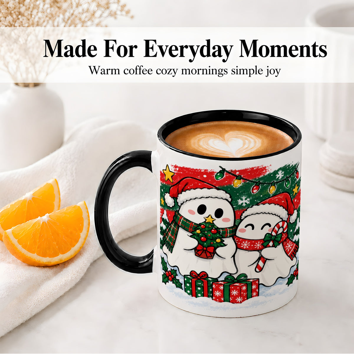 #pl[11oz|Black] Christmas Ghosts Ceramic Mug, Cute Festive Winter Holiday Artwork