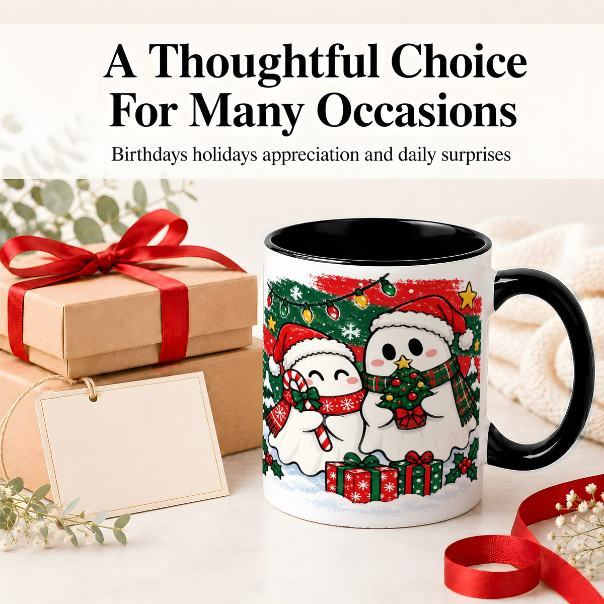 #pl[11oz|Black] Christmas Ghosts Ceramic Mug, Cute Festive Winter Holiday Artwork