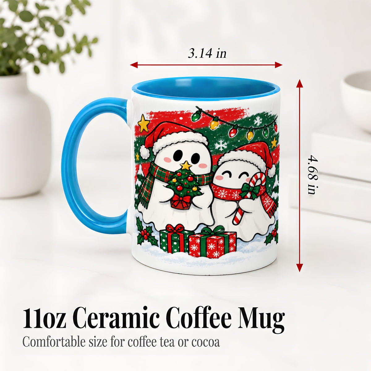 #pl[11oz|Blue] Christmas Ghosts Ceramic Mug, Cute Festive Winter Holiday Artwork