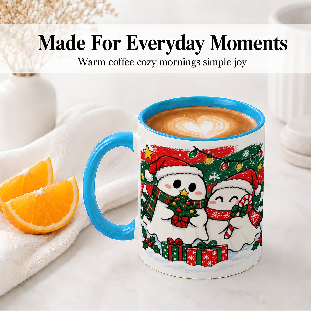 #pl[11oz|Blue] Christmas Ghosts Ceramic Mug, Cute Festive Winter Holiday Artwork