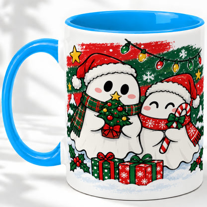 #pl[11oz|Blue] Christmas Ghosts Ceramic Mug, Cute Festive Winter Holiday Artwork