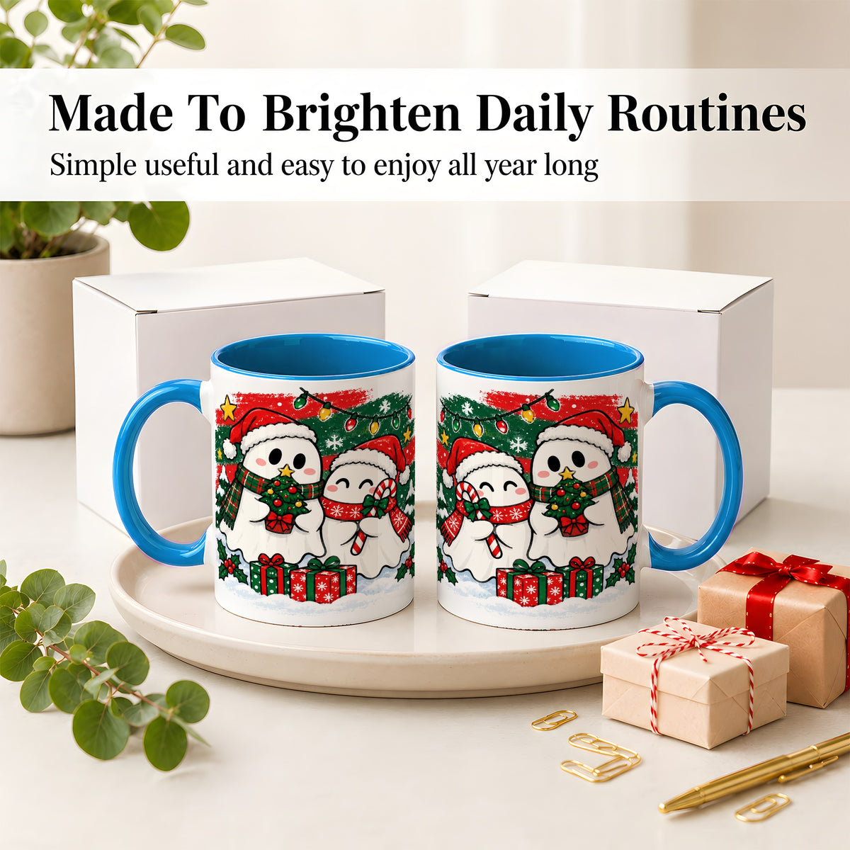 #pl[11oz|Blue] Christmas Ghosts Ceramic Mug, Cute Festive Winter Holiday Artwork