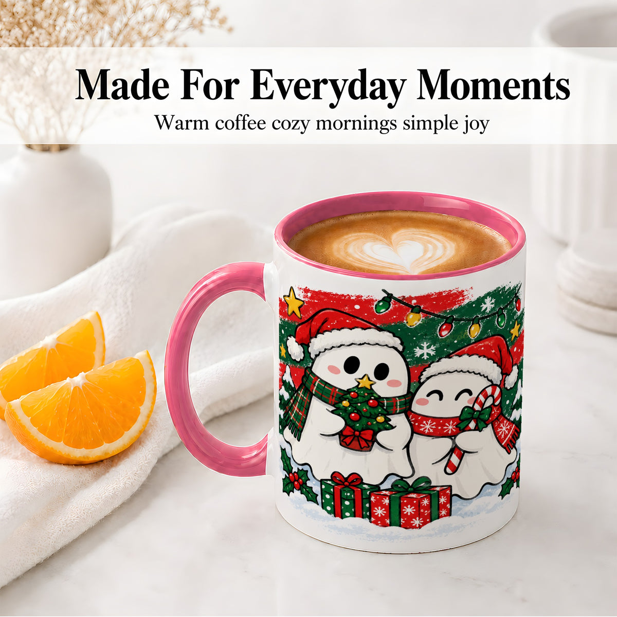 #pl[11oz|Pink] Christmas Ghosts Ceramic Mug, Cute Festive Winter Holiday Artwork
