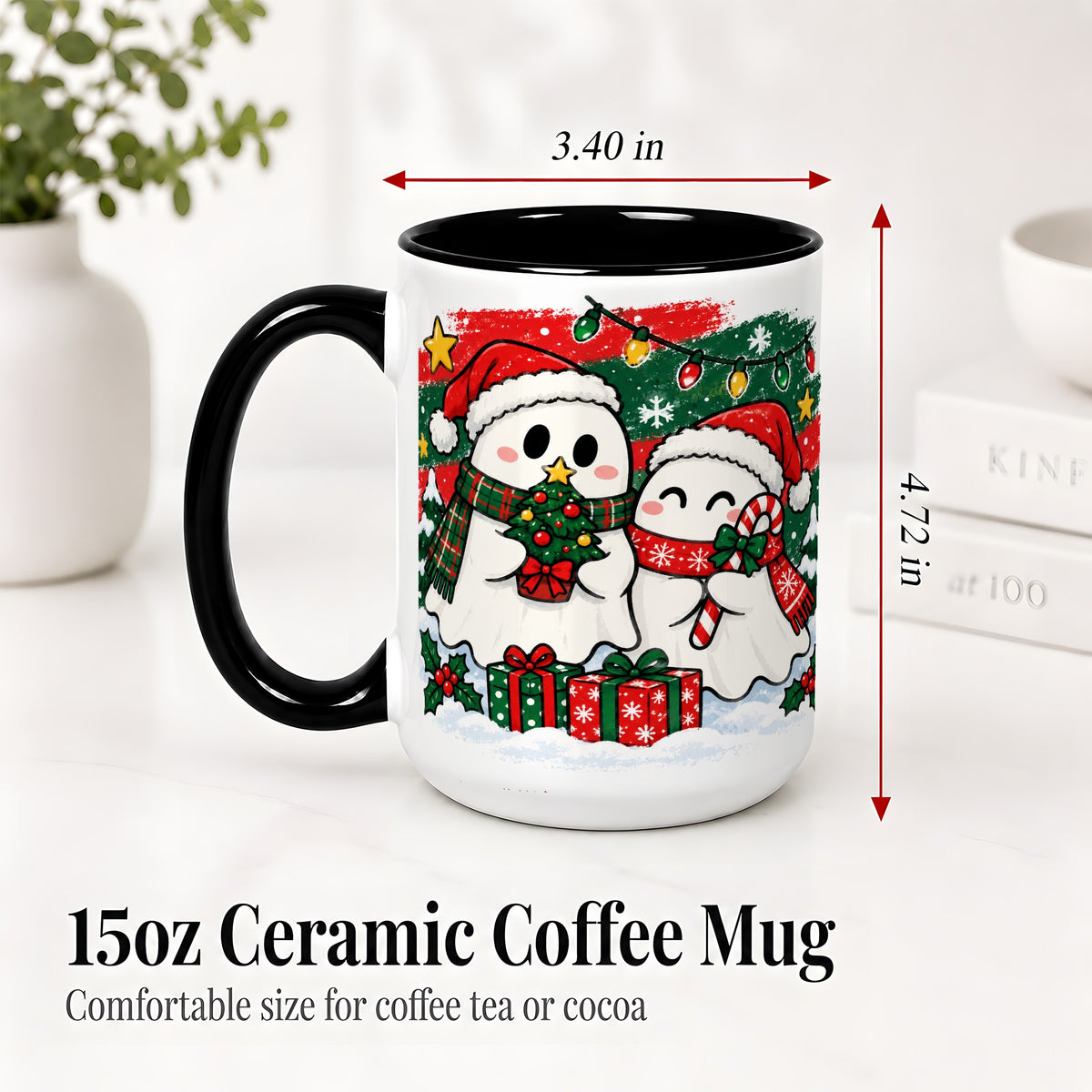 #pl[15oz|Black] Christmas Ghosts Ceramic Mug, Cute Festive Winter Holiday Artwork