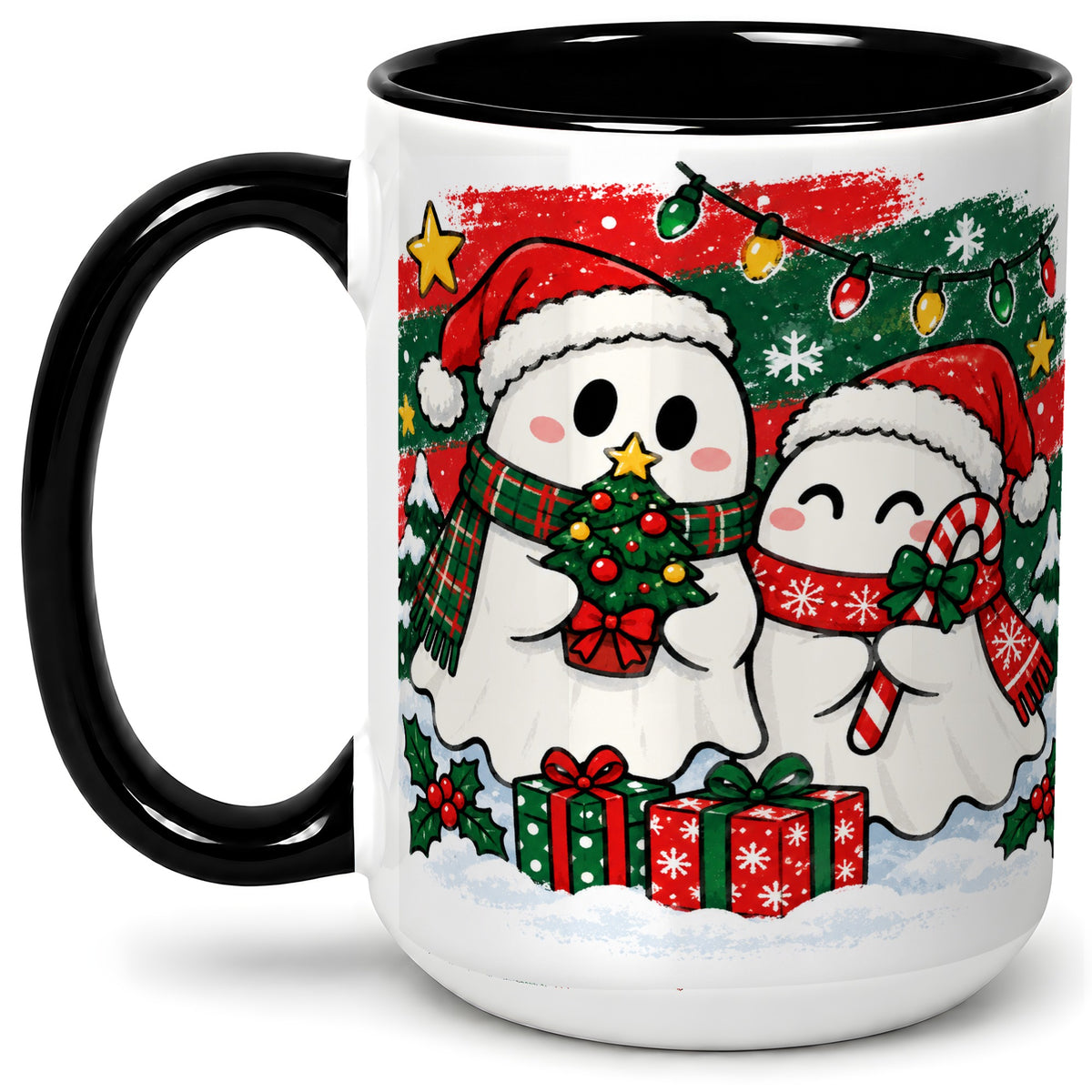 #pl[15oz|Black] Christmas Ghosts Ceramic Mug, Cute Festive Winter Holiday Artwork
