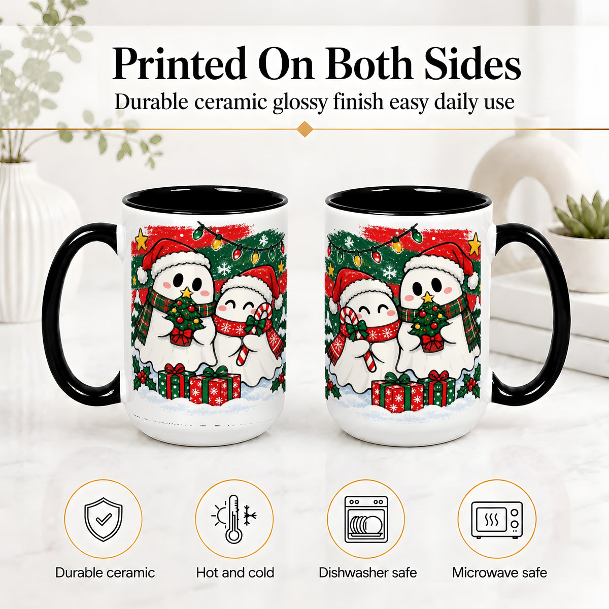 #pl[15oz|Black] Christmas Ghosts Ceramic Mug, Cute Festive Winter Holiday Artwork