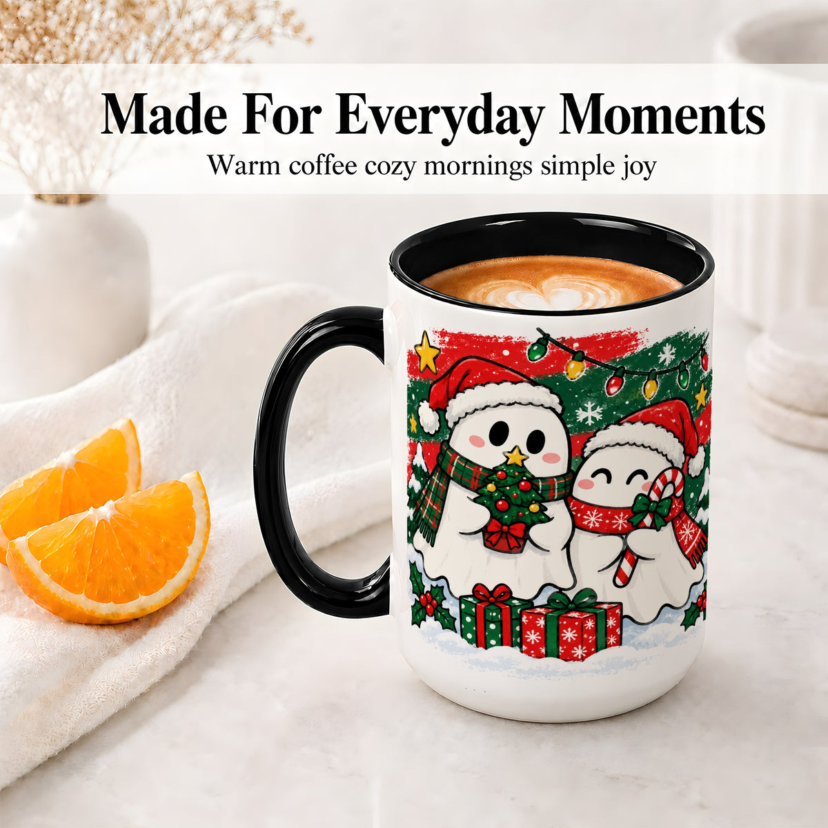 #pl[15oz|Black] Christmas Ghosts Ceramic Mug, Cute Festive Winter Holiday Artwork
