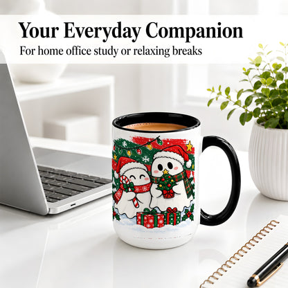 #pl[15oz|Black] Christmas Ghosts Ceramic Mug, Cute Festive Winter Holiday Artwork