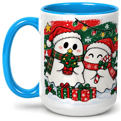 #pl[15oz|Blue] Christmas Ghosts Ceramic Mug, Cute Festive Winter Holiday Artwork