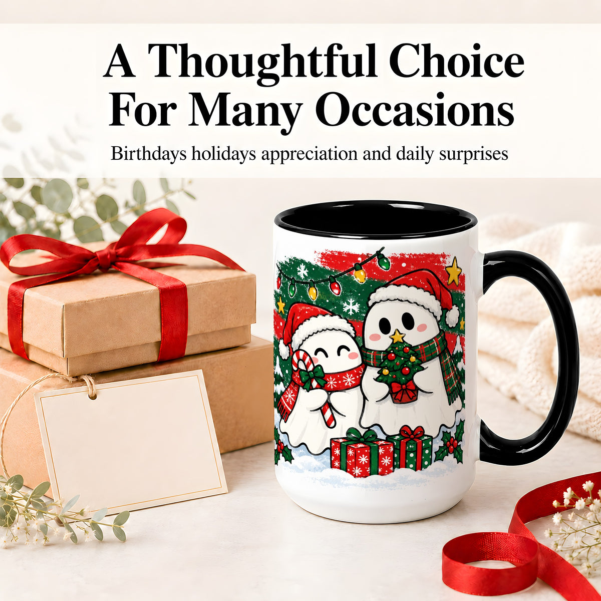 #pl[15oz|Black] Christmas Ghosts Ceramic Mug, Cute Festive Winter Holiday Artwork