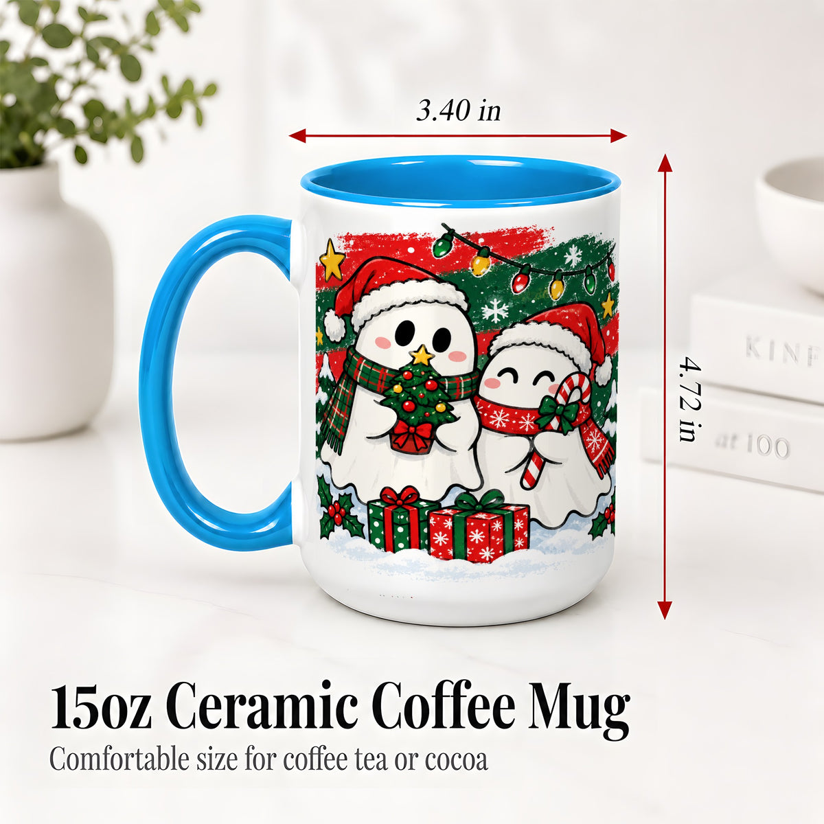 #pl[15oz|Blue] Christmas Ghosts Ceramic Mug, Cute Festive Winter Holiday Artwork