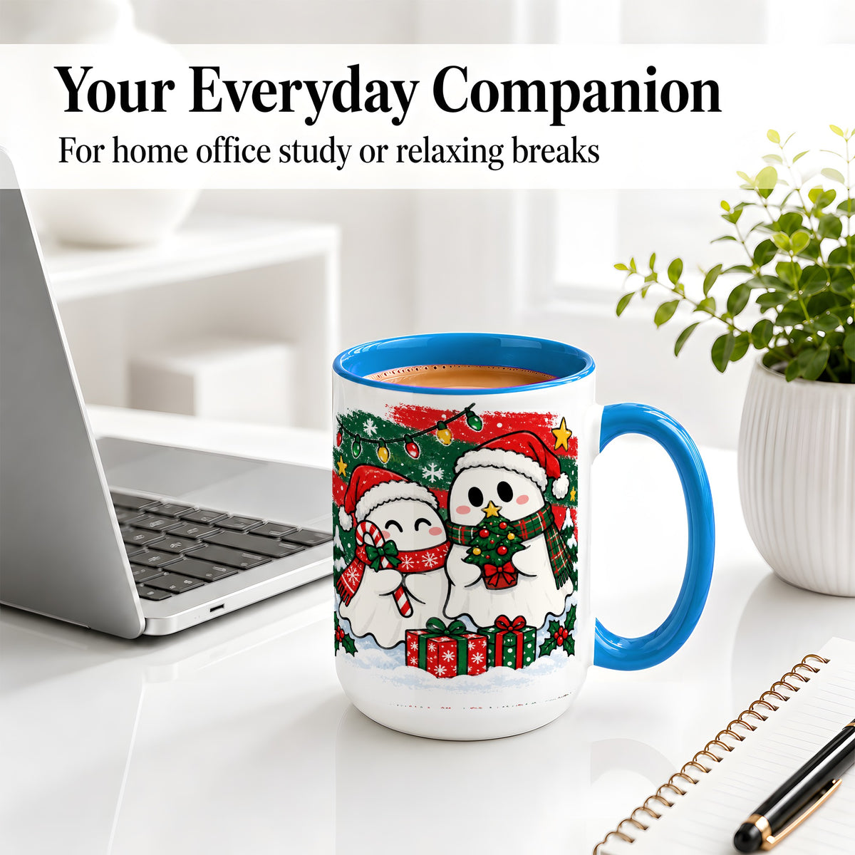 #pl[15oz|Blue] Christmas Ghosts Ceramic Mug, Cute Festive Winter Holiday Artwork