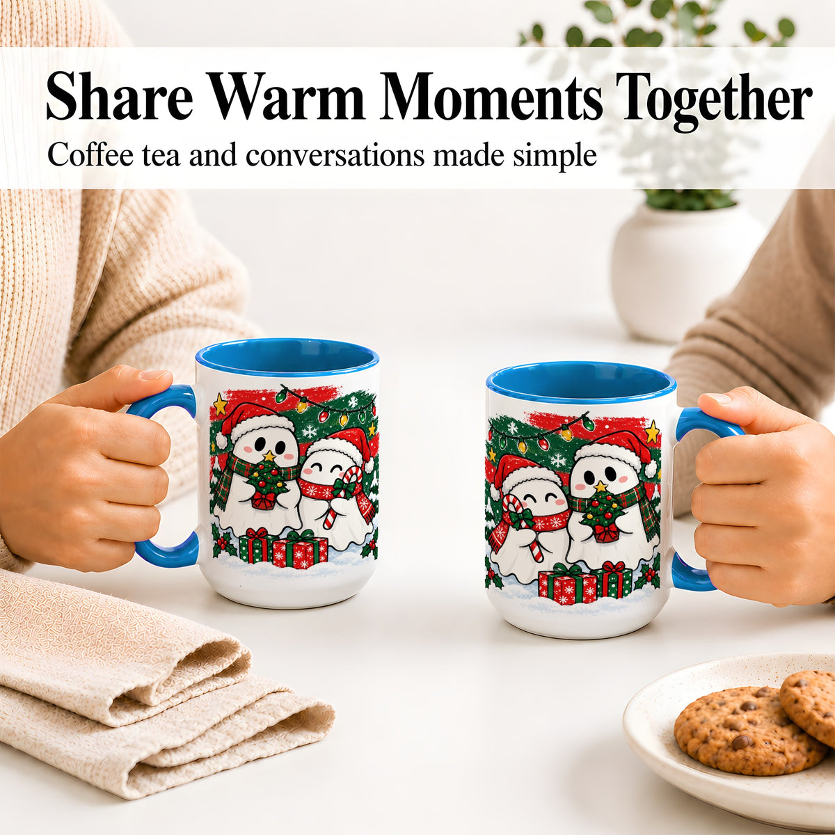 #pl[15oz|Blue] Christmas Ghosts Ceramic Mug, Cute Festive Winter Holiday Artwork