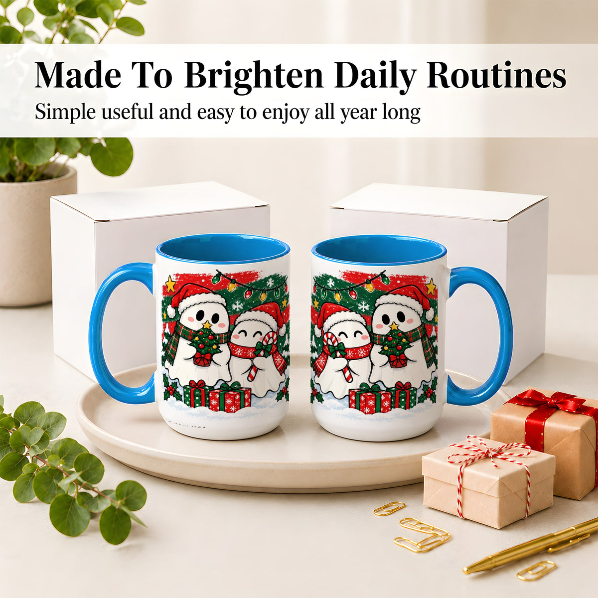 #pl[15oz|Blue] Christmas Ghosts Ceramic Mug, Cute Festive Winter Holiday Artwork