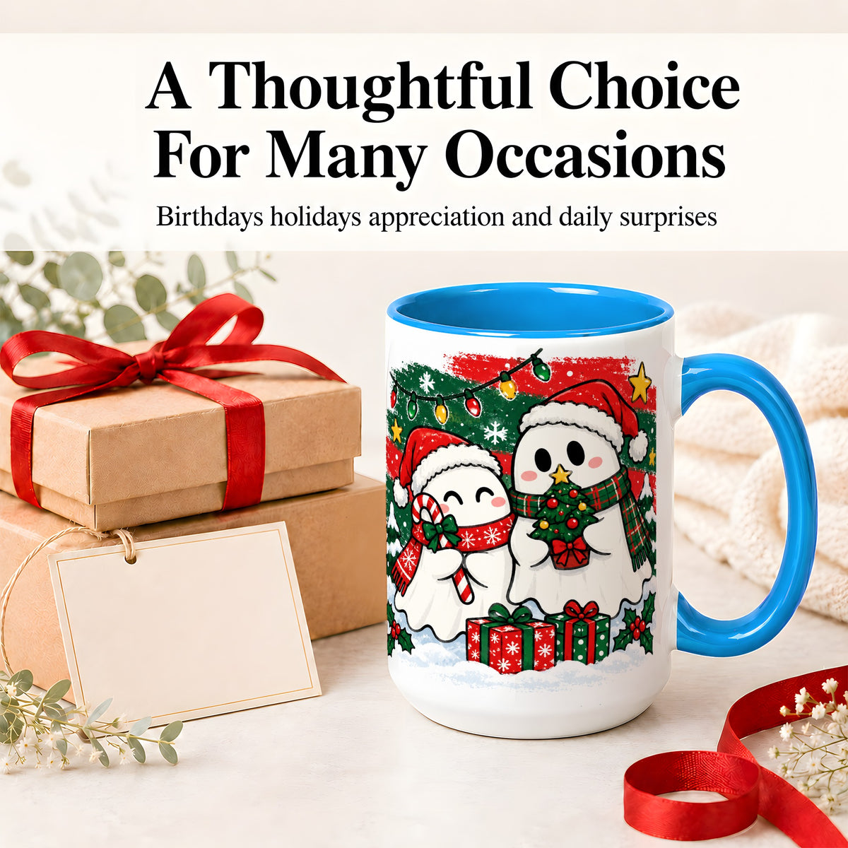 #pl[15oz|Blue] Christmas Ghosts Ceramic Mug, Cute Festive Winter Holiday Artwork