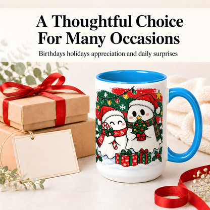 #pl[15oz|Blue] Christmas Ghosts Ceramic Mug, Cute Festive Winter Holiday Artwork