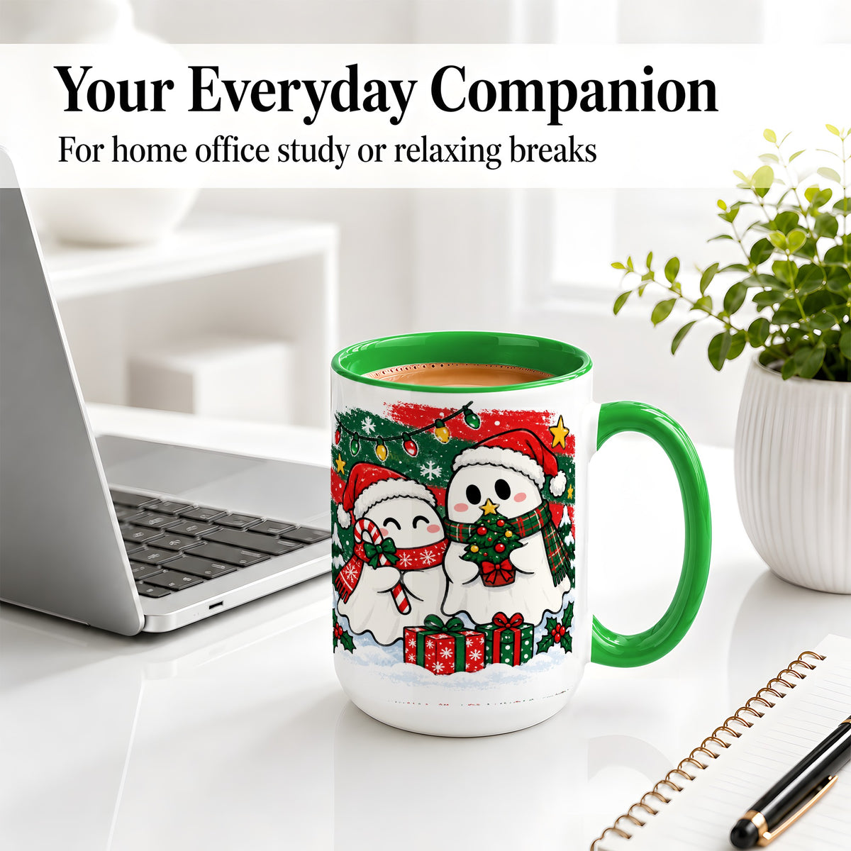 #pl[15oz|Green] Christmas Ghosts Ceramic Mug, Cute Festive Winter Holiday Artwork