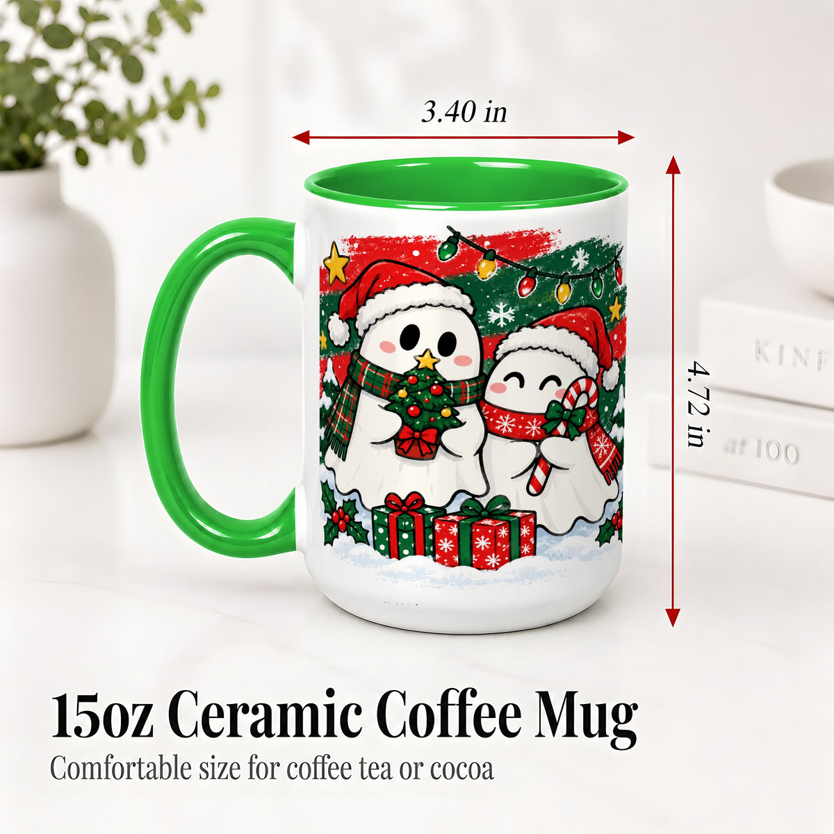 #pl[15oz|Green] Christmas Ghosts Ceramic Mug, Cute Festive Winter Holiday Artwork