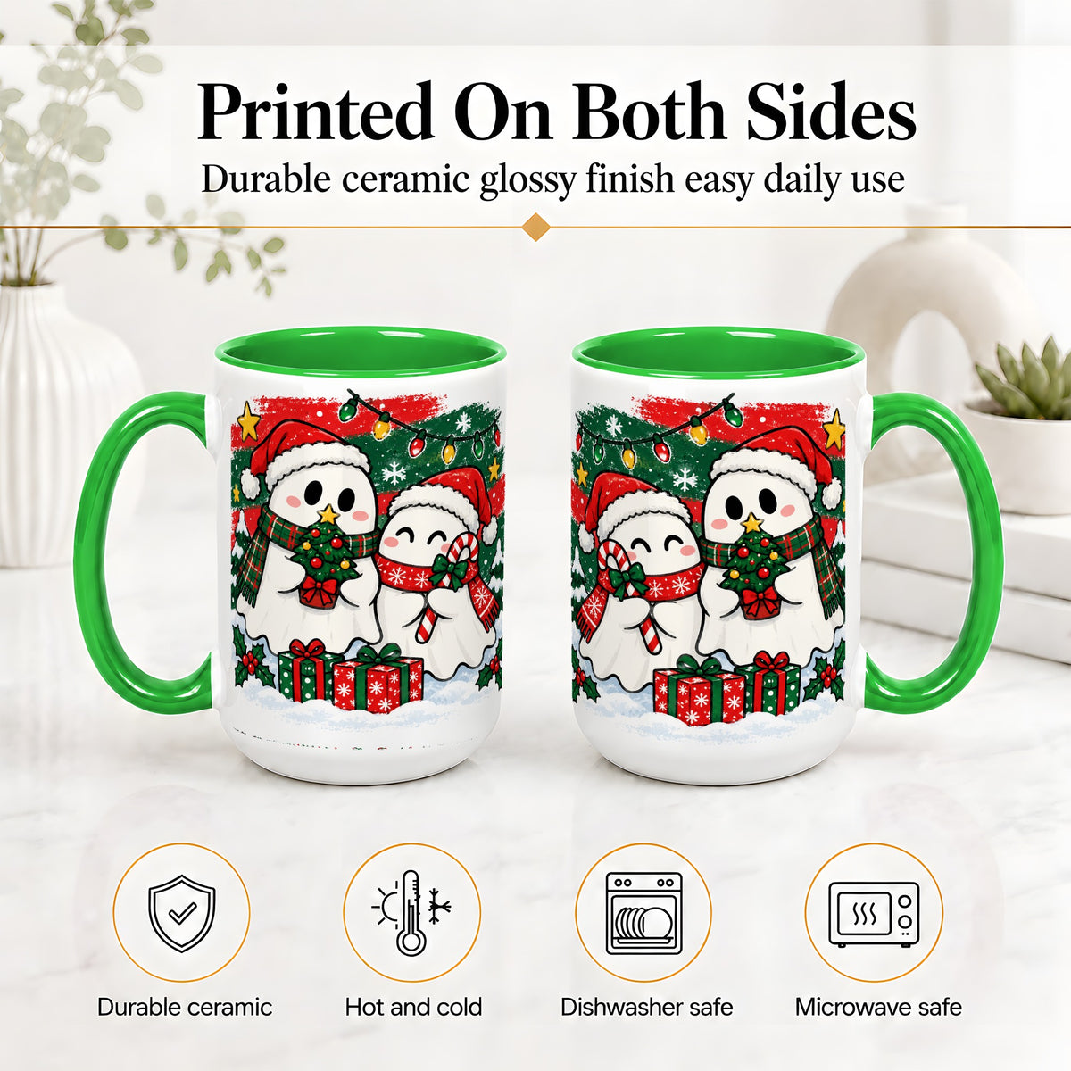 #pl[15oz|Green] Christmas Ghosts Ceramic Mug, Cute Festive Winter Holiday Artwork