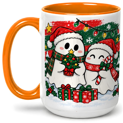 #pl[15oz|Orange] Christmas Ghosts Ceramic Mug, Cute Festive Winter Holiday Artwork