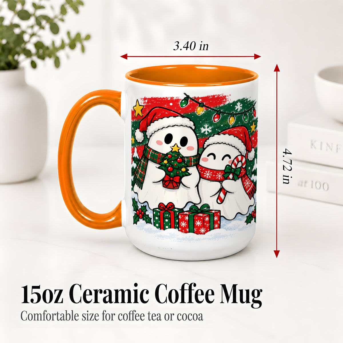 #pl[15oz|Orange] Christmas Ghosts Ceramic Mug, Cute Festive Winter Holiday Artwork