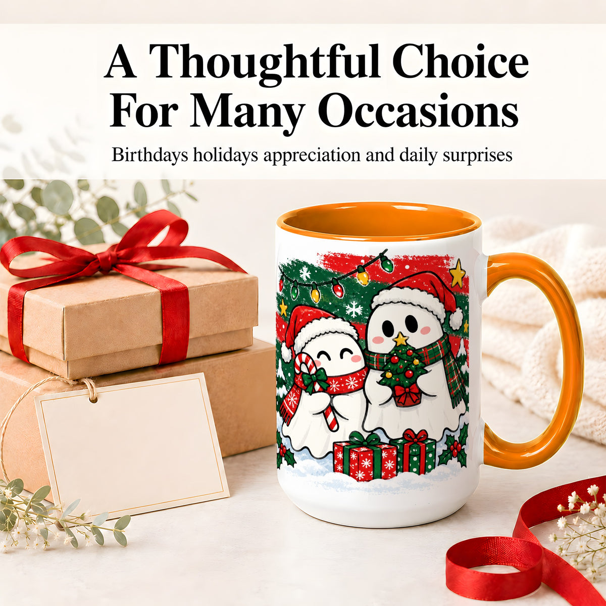 #pl[15oz|Orange] Christmas Ghosts Ceramic Mug, Cute Festive Winter Holiday Artwork