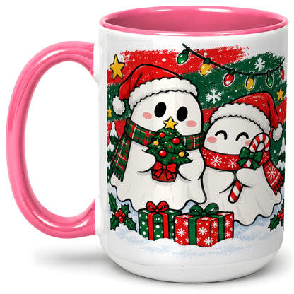 #pl[15oz|Pink] Christmas Ghosts Ceramic Mug, Cute Festive Winter Holiday Artwork