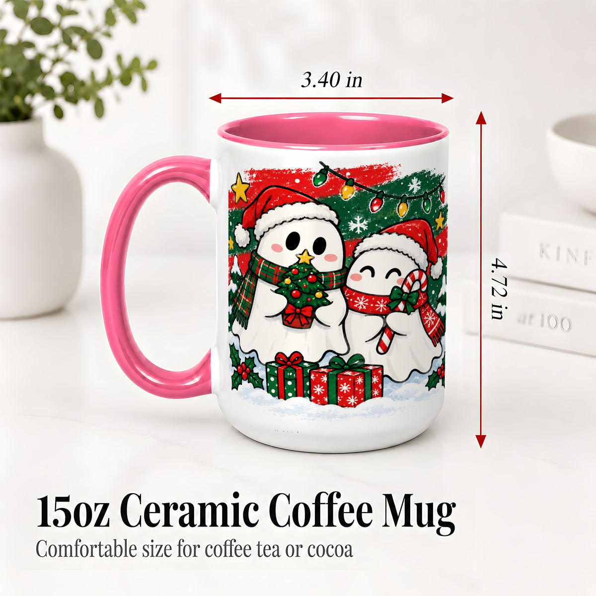 #pl[15oz|Pink] Christmas Ghosts Ceramic Mug, Cute Festive Winter Holiday Artwork