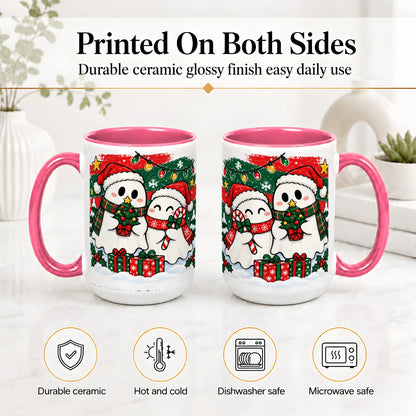 #pl[15oz|Pink] Christmas Ghosts Ceramic Mug, Cute Festive Winter Holiday Artwork
