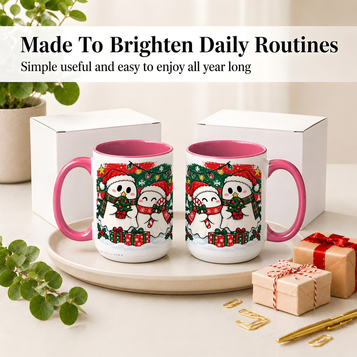 #pl[15oz|Pink] Christmas Ghosts Ceramic Mug, Cute Festive Winter Holiday Artwork
