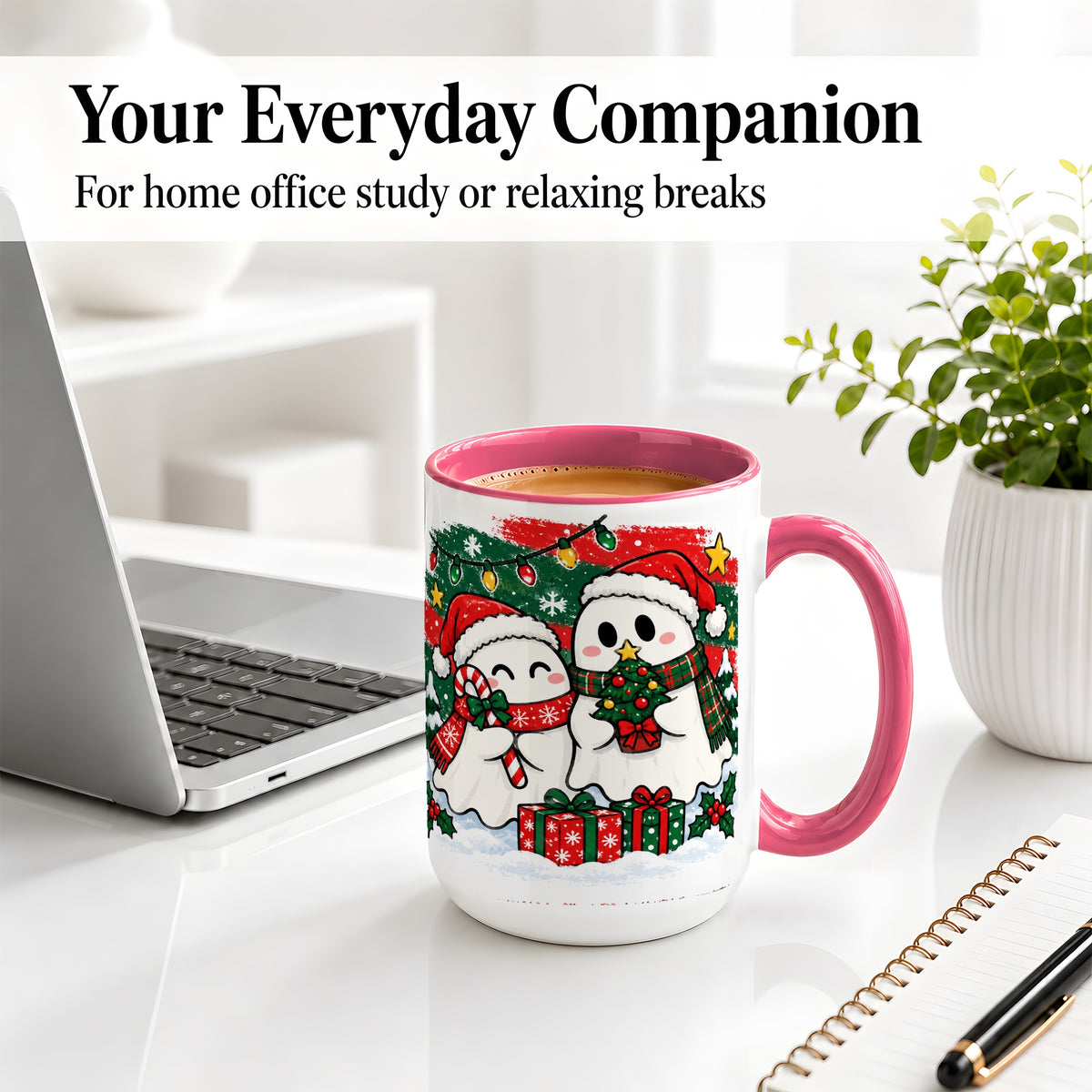 #pl[15oz|Pink] Christmas Ghosts Ceramic Mug, Cute Festive Winter Holiday Artwork
