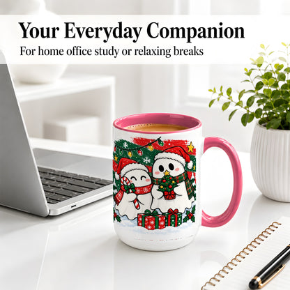 #pl[15oz|Pink] Christmas Ghosts Ceramic Mug, Cute Festive Winter Holiday Artwork