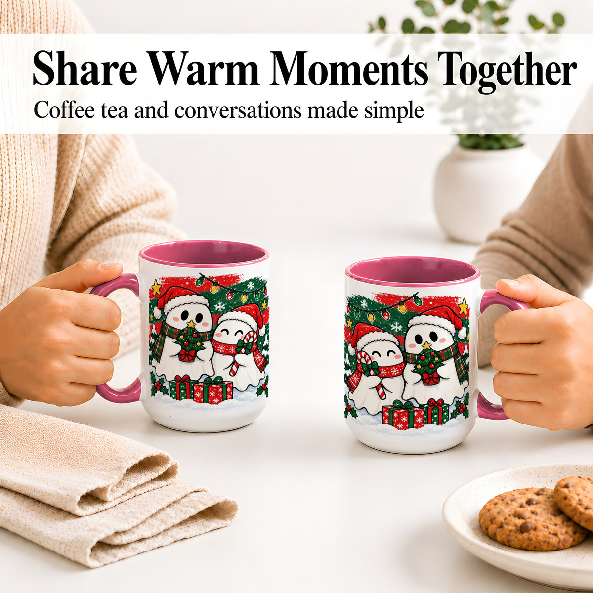 #pl[15oz|Pink] Christmas Ghosts Ceramic Mug, Cute Festive Winter Holiday Artwork