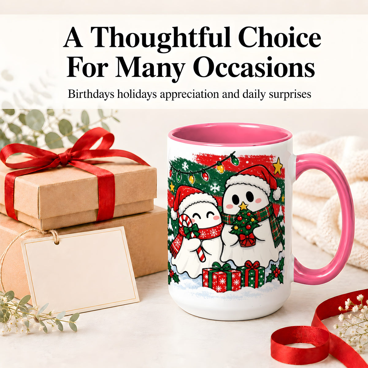 #pl[15oz|Pink] Christmas Ghosts Ceramic Mug, Cute Festive Winter Holiday Artwork