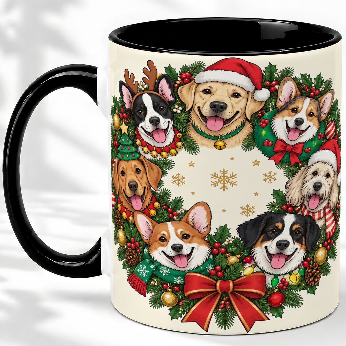 #pl[11oz|Black] Christmas Dogs Wreath Ceramic Mug, Festive Pet Holiday Artwork