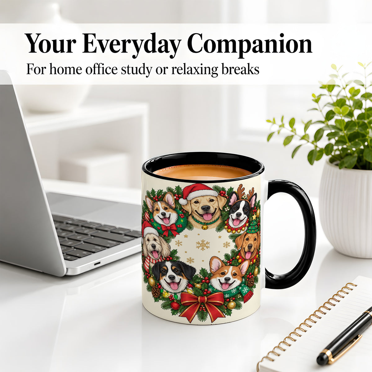 #pl[11oz|Black] Christmas Dogs Wreath Ceramic Mug, Festive Pet Holiday Artwork