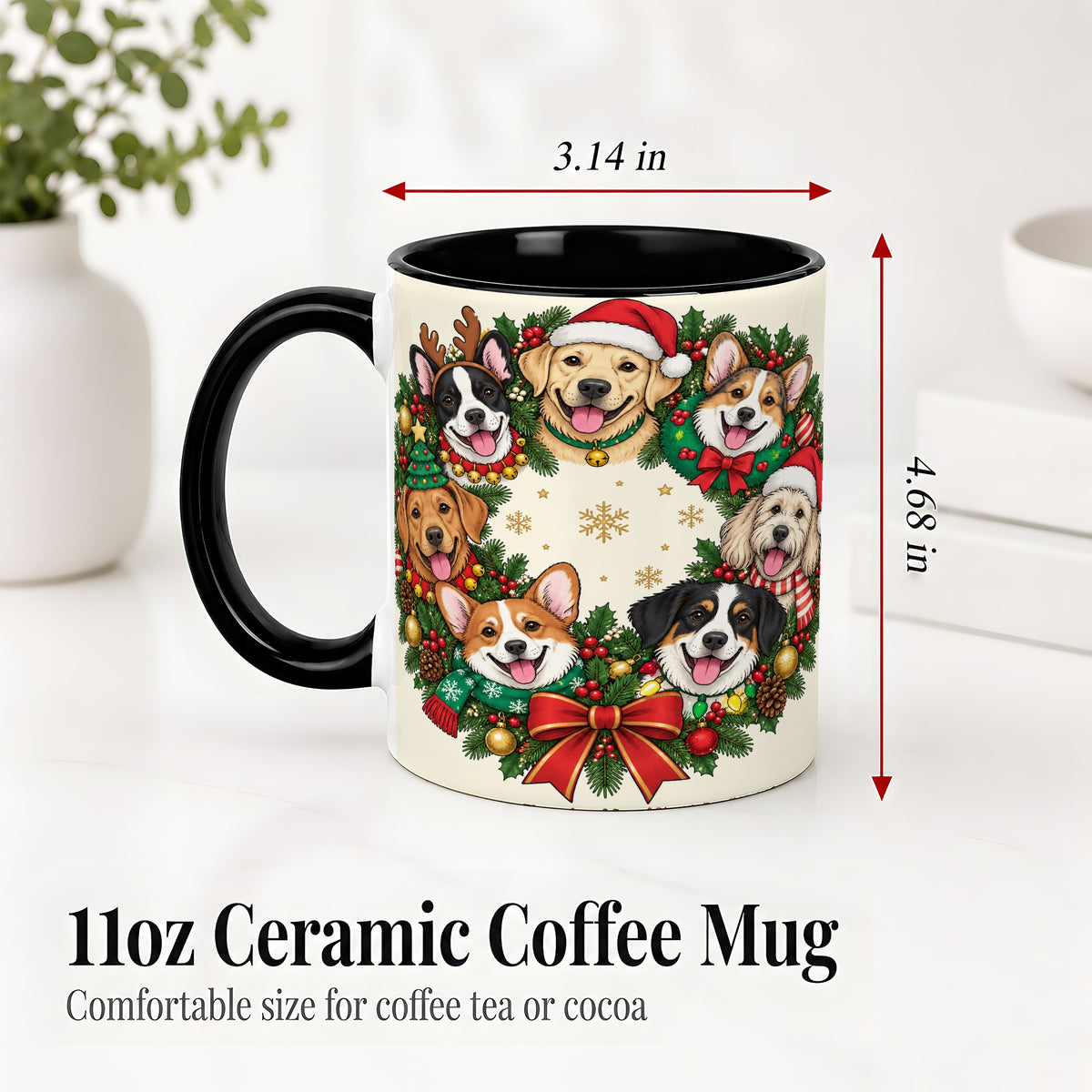 #pl[11oz|Black] Christmas Dogs Wreath Ceramic Mug, Festive Pet Holiday Artwork